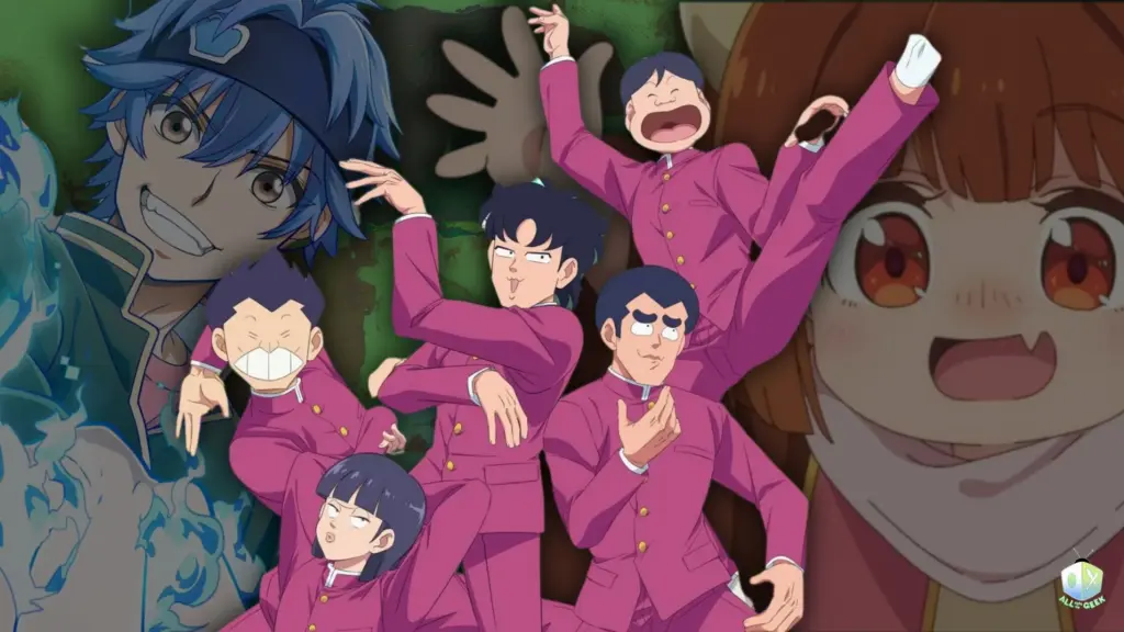 Collage image for 2026 Winter Anime featuring multiple series, with a group of exaggerated pink-uniformed high school boys striking comedic poses in the center, surrounded by characters from action, fantasy, and slice-of-life anime, representing the variety of tones from chaotic comedy to intense drama in the Winter 2026 anime season.