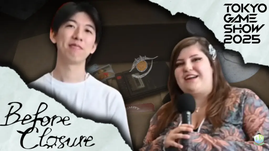 An All Ages of Geek interviewer holding a microphone speaks with the creator of Before Closure at Tokyo Game Show 2025, shown in a stylized promotional image featuring the game’s artwork and the Tokyo Game Show 2025 logo.