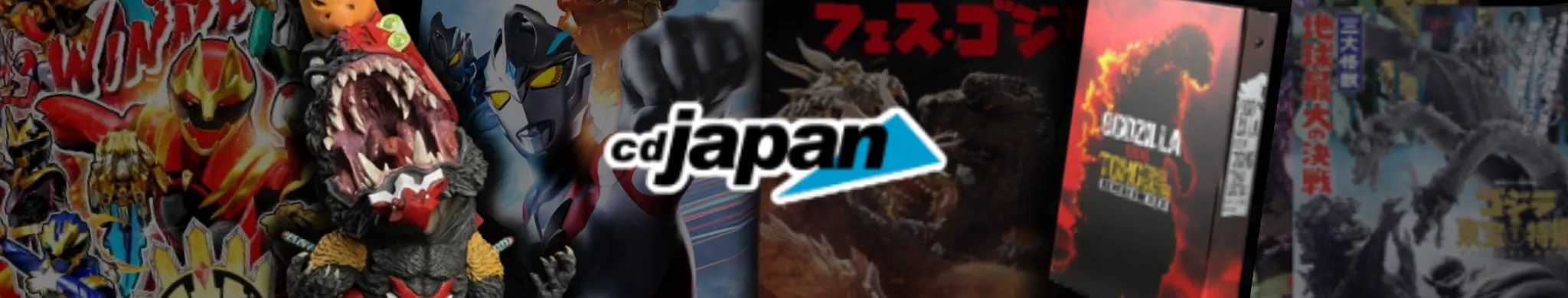 CDJapan promotional banner displaying a collage of Japanese pop culture items such as tokusatsu heroes, kaiju figures, anime artwork, and Godzilla media, with the CDJapan logo prominently centered.
