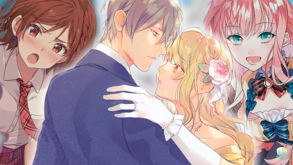 Light novels for Valentine’s Day illustrated in anime style, showing a romantic scene with a couple dancing while other characters watch, featuring soft expressions, pastel colors, and a gentle romance mood.
