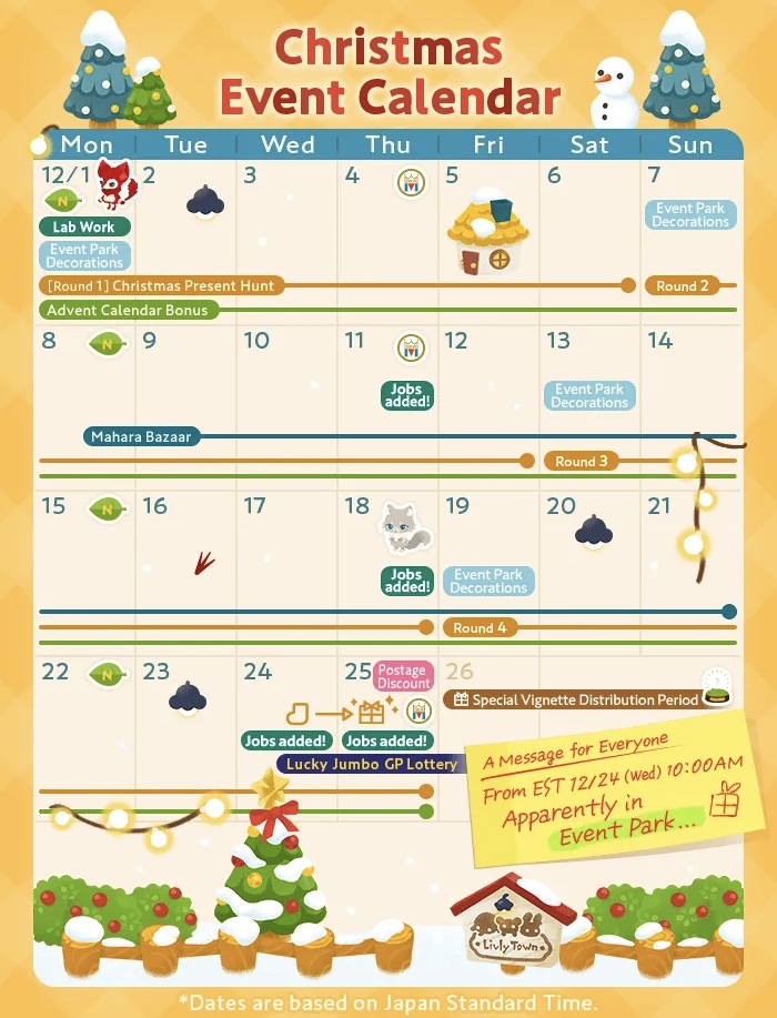 Livly Island Christmas Event Calendar showing December 2025 activities, including Christmas Present Hunt rounds, Advent Calendar bonuses, Mahara Bazaar, job additions, Event Park decorations, Lucky Jumbo GP Lottery, postage discount day, and special vignette distribution dates. Calendar is decorated with snow, trees, and holiday icons.