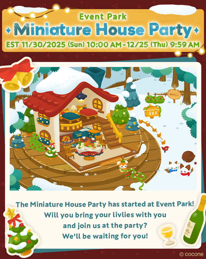 Livly Island Miniature House Party event poster featuring a cozy snow-covered two-story house decorated for Christmas. The Event Park is shown with trees, lights, holiday food, and Livlies gathered around. Text announces the Miniature House Party running from November 30 to December 25, 2025, and invites players to bring their Livlies to join the festive event.