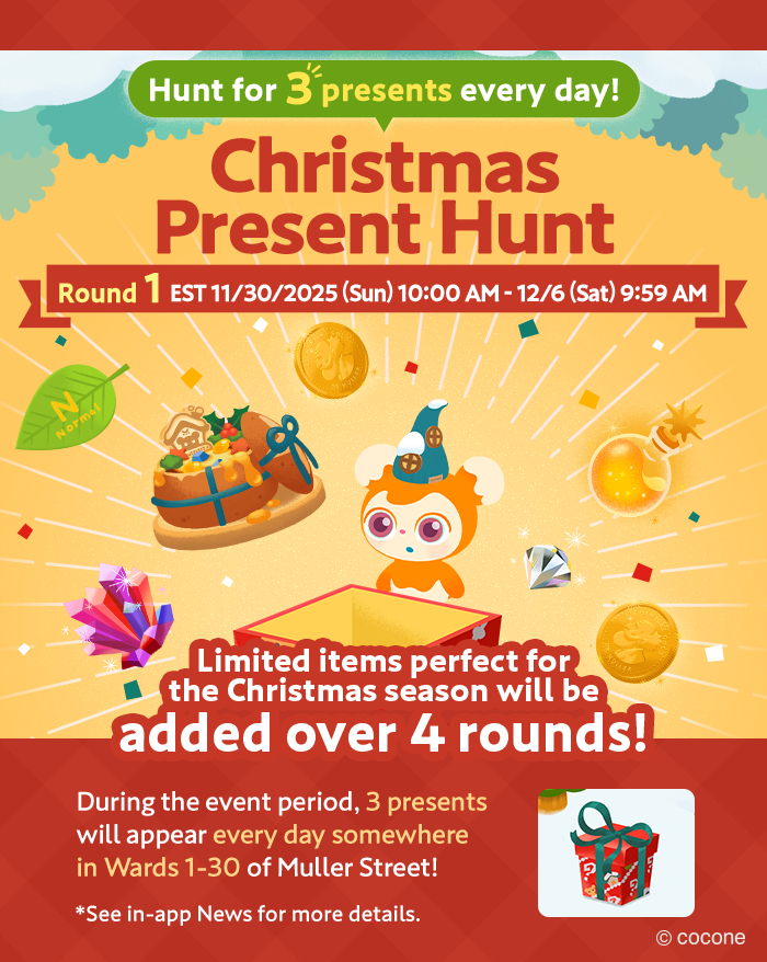 Livly Island Christmas Present Hunt event poster. A festive design shows a Livly character beside an open gift box with coins, crystals, and holiday items bursting out. Text announces the Christmas Present Hunt with four rounds of limited seasonal items, and explains that three presents will appear daily in Wards 1–30 of Muller Street during the event period from November 30 to December 6, 2025. A small preview image of a wrapped Christmas gift box is included.