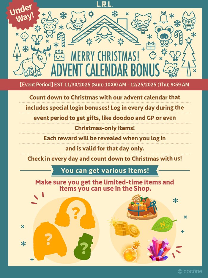 Livly Island Advent Calendar Bonus announcement for Christmas 2025. The poster explains daily login rewards from November 30 to December 25, including items like doodoo, GP, and Christmas-exclusive rewards. Decorative icons of Livlies, presents, trees, and holiday items surround the text, with images showing mystery gift bags, coins, crystals, and festive items.