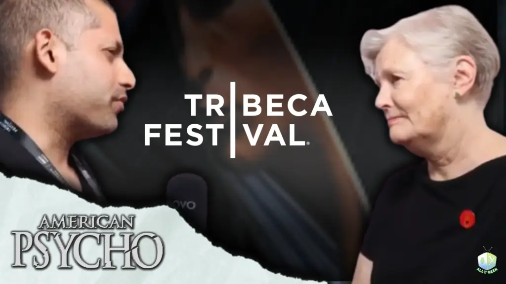 Director Mary Harron speaks with an interviewer at the Tribeca Festival during a discussion for the 25th anniversary of American Psycho.