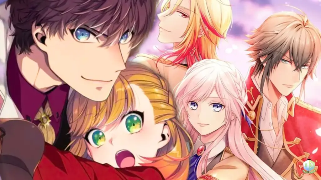 Anime-style otome game illustration showing a surprised blonde heroine surrounded by five male characters with soft expressions, colorful hair, and fantasy-inspired outfits against a pastel sky background.