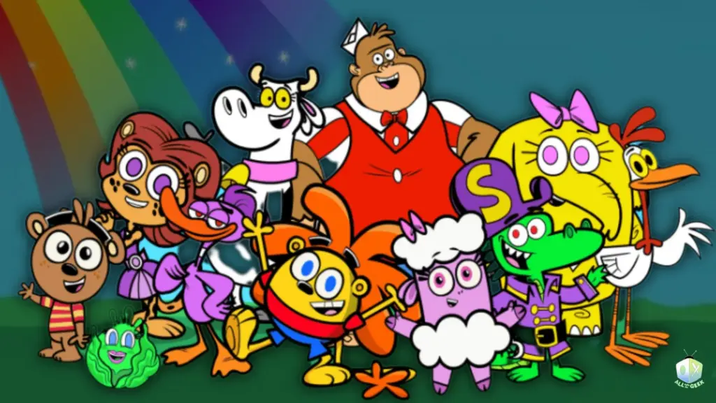Group image of The Garden Cartoon characters smiling together under a rainbow, featuring Lenny the Lion, Lucy the Lamb, and their friends in a colorful, family-friendly cartoon style.