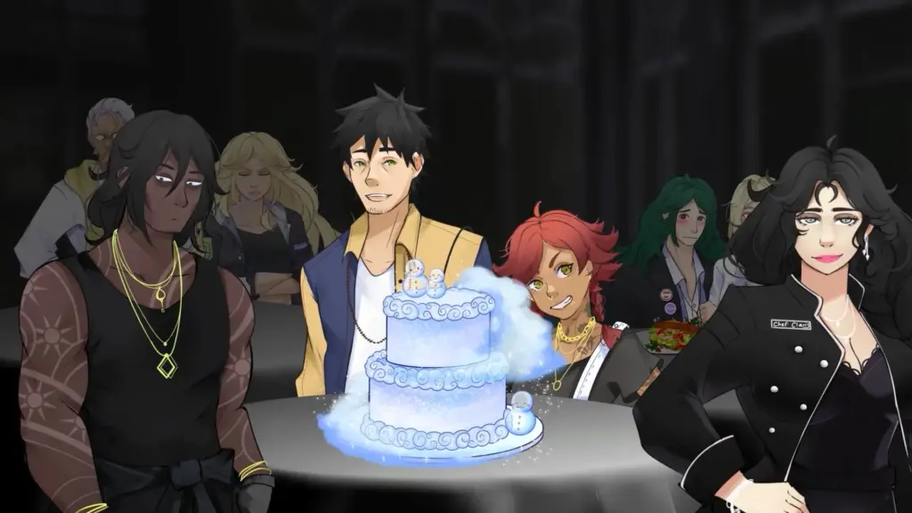 A group of illustrated characters gather around a round table in a dim setting, centered on a glowing blue, winter-themed cake decorated with snowmen and frosty details. The characters have varied appearances and expressions, ranging from calm and curious to cheerful and proud. One character in a chef’s outfit stands confidently at the front, while others lean in to admire the cake. Additional figures are visible in the background, softly lit, creating a cozy yet dramatic group scene focused on the magical cake. Characters depicted are Clyde, Drake, Chappy and Claris.