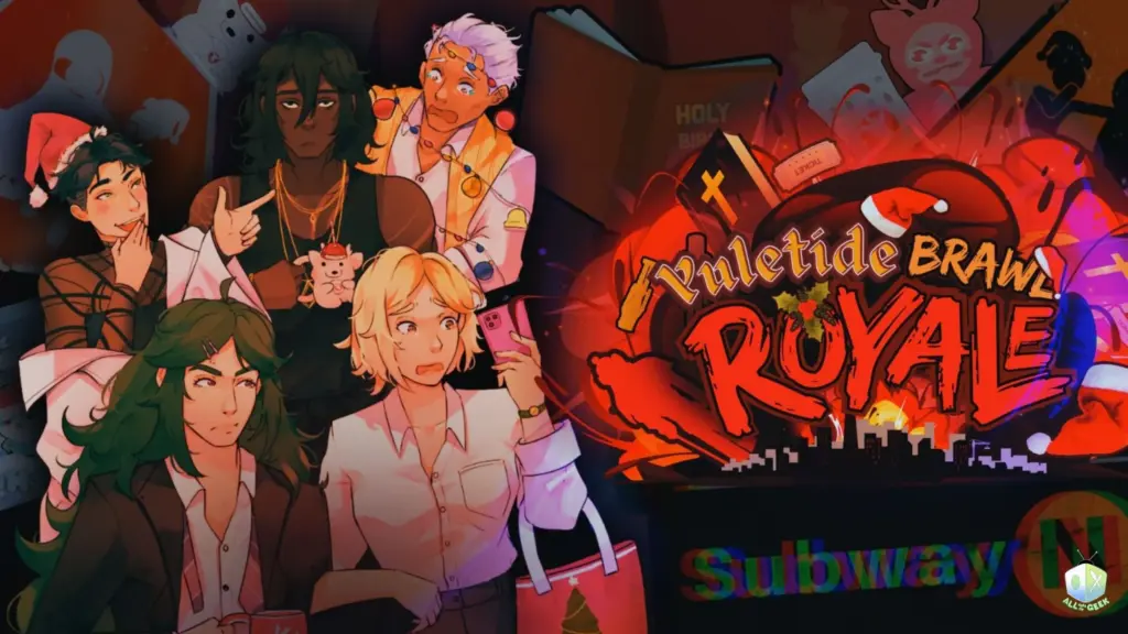 Stylized promotional illustration for Yuletide Brawl Royale showing a group of characters crowded together in a dark, holiday-themed subway setting. The characters display mixed reactions—confusion, worry, irritation, and disbelief—while surrounded by Christmas imagery, glowing red and orange lighting, and chaotic visual elements like books, icons, and holiday props. The bold title “Yuletide Brawl Royale” dominates the right side in fiery red lettering, with a gritty, satirical holiday tone.