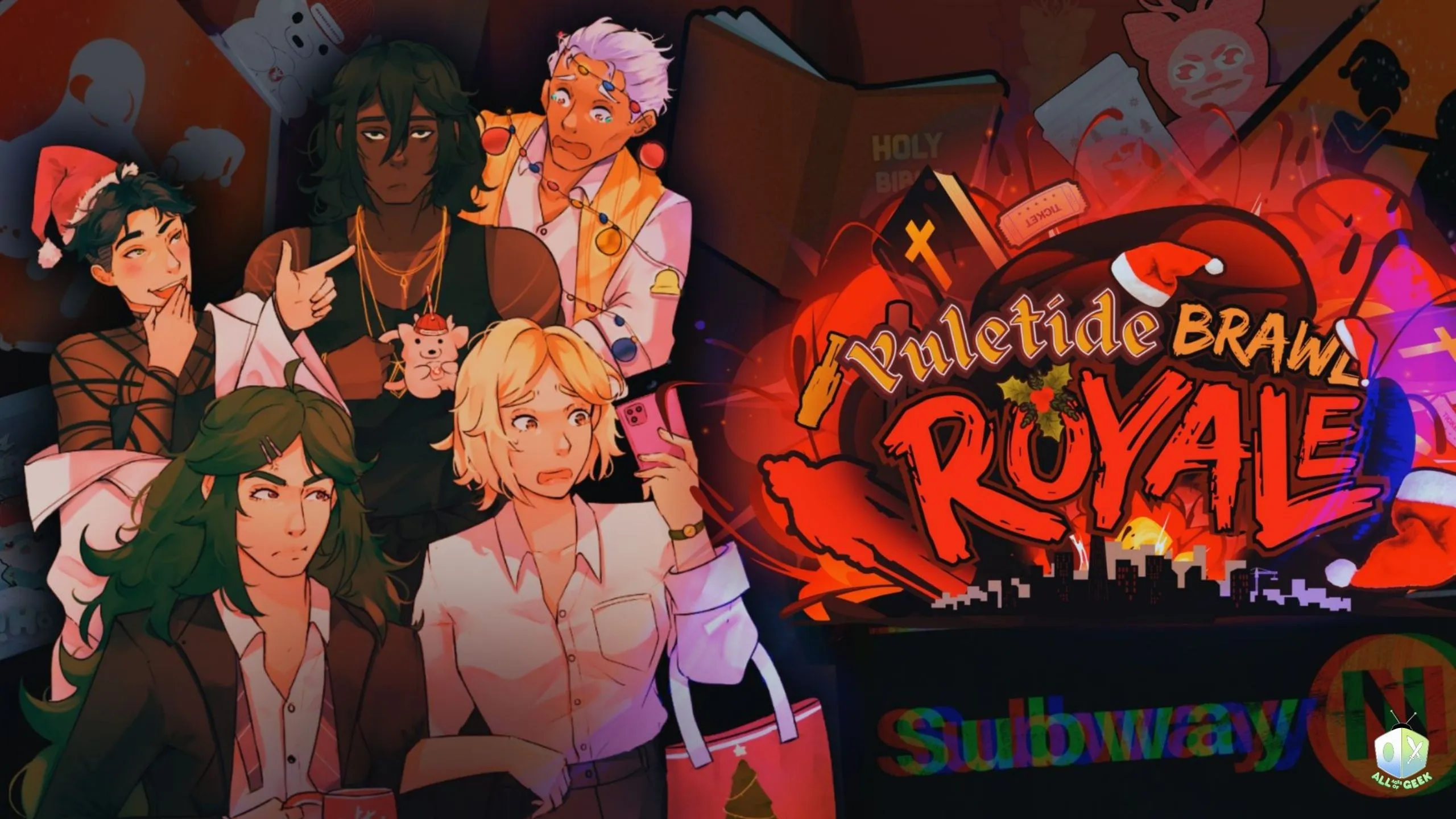 Stylized promotional illustration for Yuletide Brawl Royale showing a group of characters crowded together in a dark, holiday-themed subway setting. The characters display mixed reactions—confusion, worry, irritation, and disbelief—while surrounded by Christmas imagery, glowing red and orange lighting, and chaotic visual elements like books, icons, and holiday props. The bold title “Yuletide Brawl Royale” dominates the right side in fiery red lettering, with a gritty, satirical holiday tone.