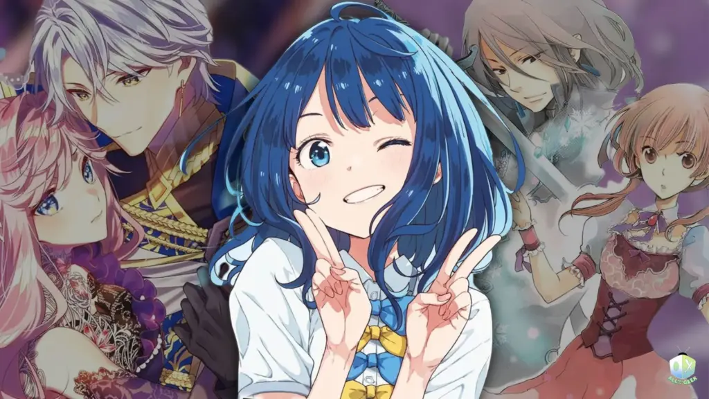 Romance light novels for Valentine’s Day illustrated in anime style, featuring a cheerful blue-haired girl making a peace sign in the foreground, surrounded by fantasy and romance characters with soft expressions and pastel tones.