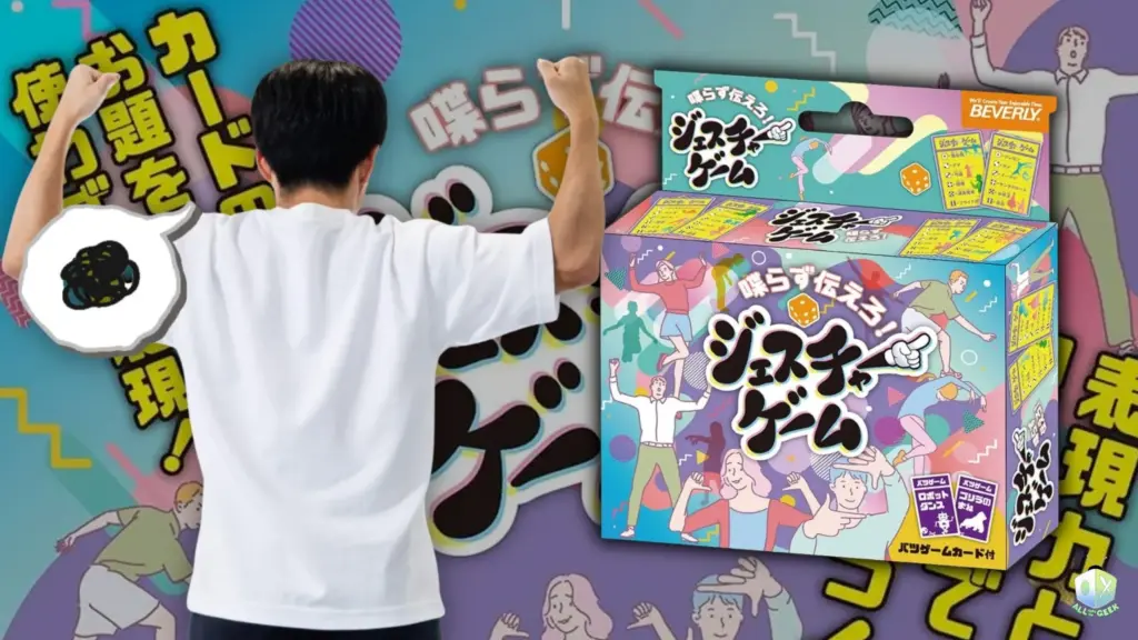 Person standing with arms raised in front of the BEVERLY Gesture Game box art, showing the colorful packaging and playful illustrations of people acting out gestures, promoting the charades-style party game.