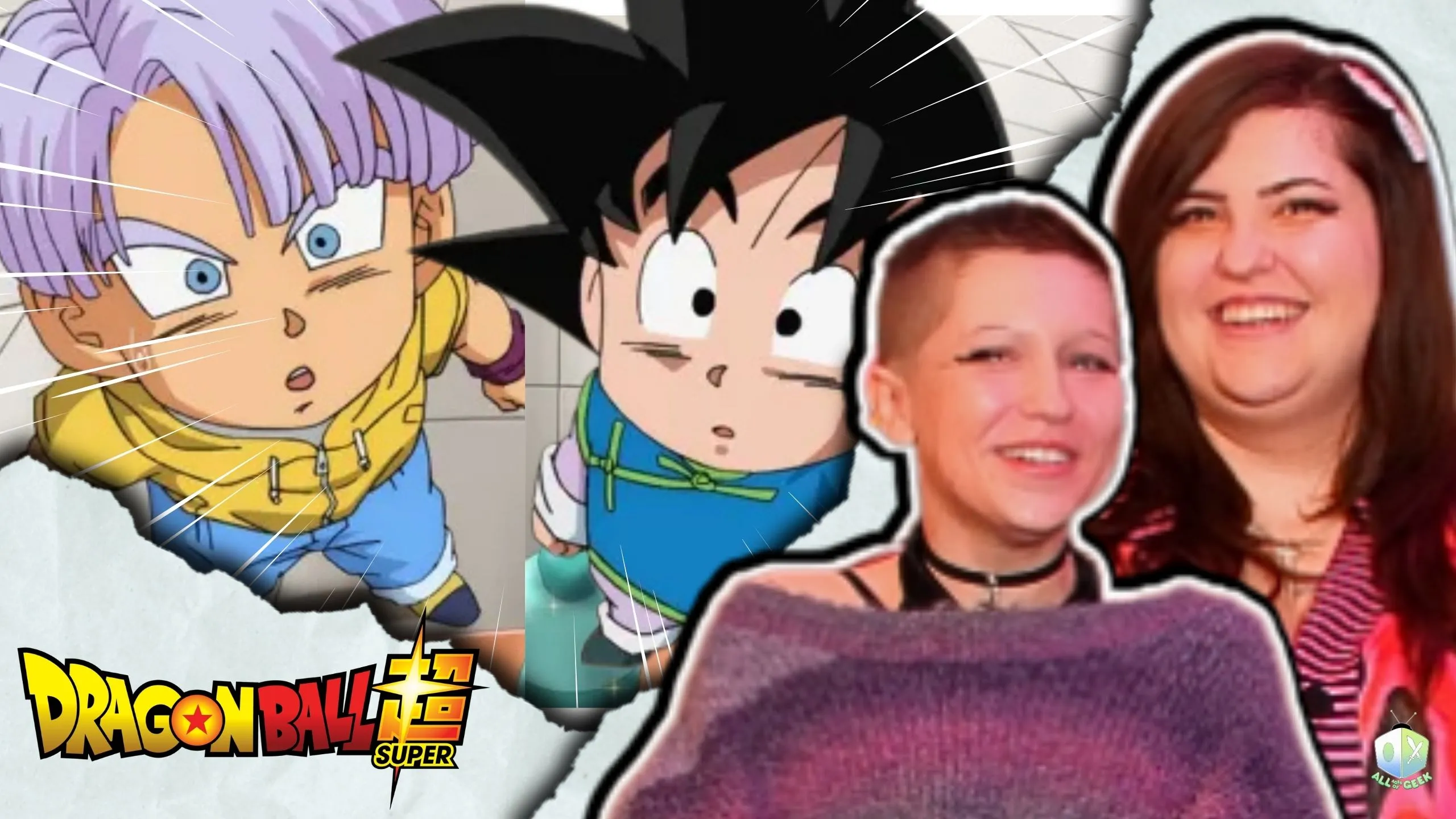 Thumbnail showing Trunks and Goten from Dragon Ball Super looking surprised, with two smiling hosts from All Ages of Geek on the right, and the Dragon Ball Super logo in the corner.