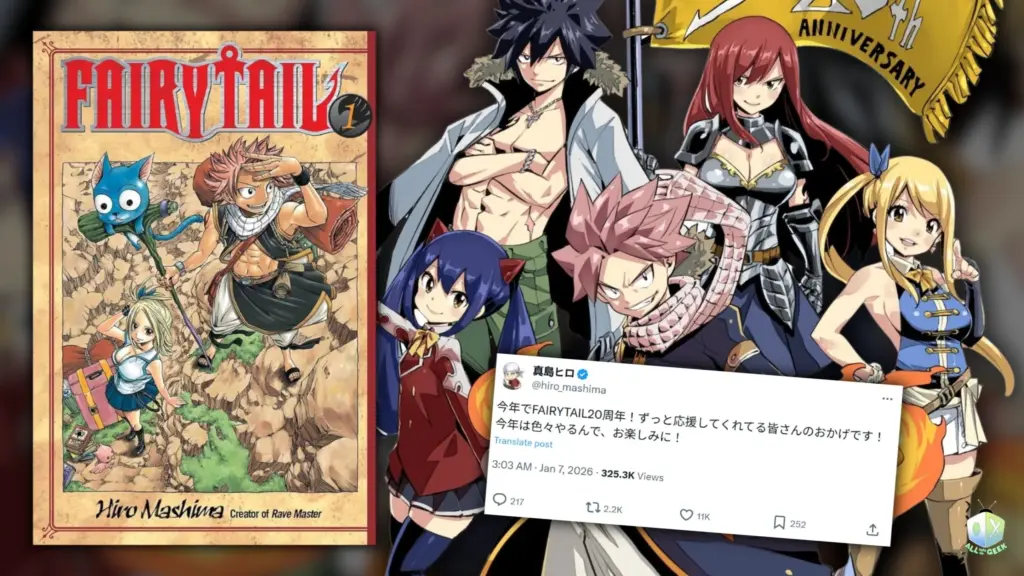 Fairy Tail 20th anniversary collage showing the first Fairy Tail manga volume, a celebratory illustration of Natsu, Lucy, Erza, Gray, Wendy, Happy, and Carla, alongside a tweet from creator Hiro Mashima thanking fans and teasing new plans for the anniversary year.