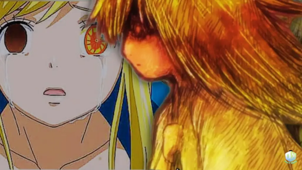 Lucy Heartfilia with tears in her eyes facing Michelle, capturing the emotional weight of the Key of the Starry Sky Arc in Fairy Tail.