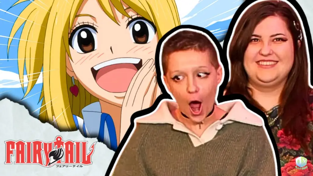 All Ages of Geek reacting to Fairy Tail Episode 1, with Lucy Heartfilia smiling in the background and two hosts in the foreground showing shocked and excited expressions during their Fairy Tail reaction.