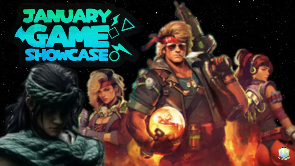 January Game Showcase banner with glowing teal title text and a lineup of indie game characters, including action heroes and fantasy figures against a starry background.