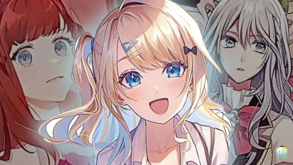 Anime-style illustration of a smiling blonde girl with bright blue eyes in the center, surrounded by two softer, faded portraits of other female characters in the background, representing different romantic light novel heroines for a Valentine’s Day reading feature.