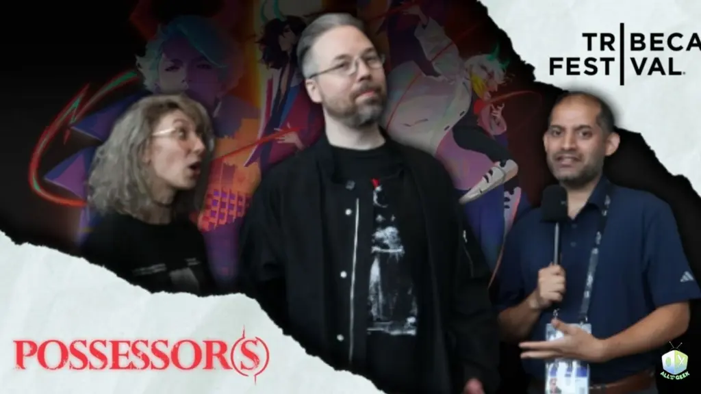 Heart Machine developers being interviewed at the Tribeca Festival with Possessor(s) artwork behind them, featuring the Possessor(s) Game logo and a host holding a microphone while discussing the game.