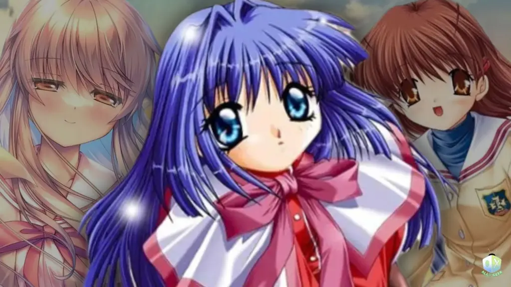 Valentine’s Day romance games illustrated in classic anime style, showing CLANNAD, Kanon, AIR, and ONE characters with large expressive eyes, soft colors, and a nostalgic school romance atmosphere.