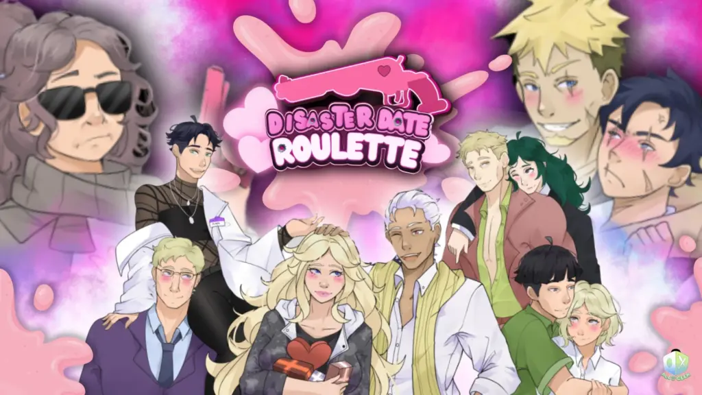 Disaster Date Roulette featuring Abby, Nate, Conrad, Amy, Reginald, Damien, Wagner, Alliard Scarlett, John and Thomas with the logo and pink background.