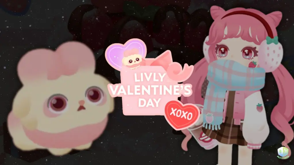 Livly Island Valentine’s Day 2026 promotional image showing a pastel livly character beside a pink-haired hom avatar in winter clothing, with heart icons and “Livly Valentine’s Day XOXO” text centered.