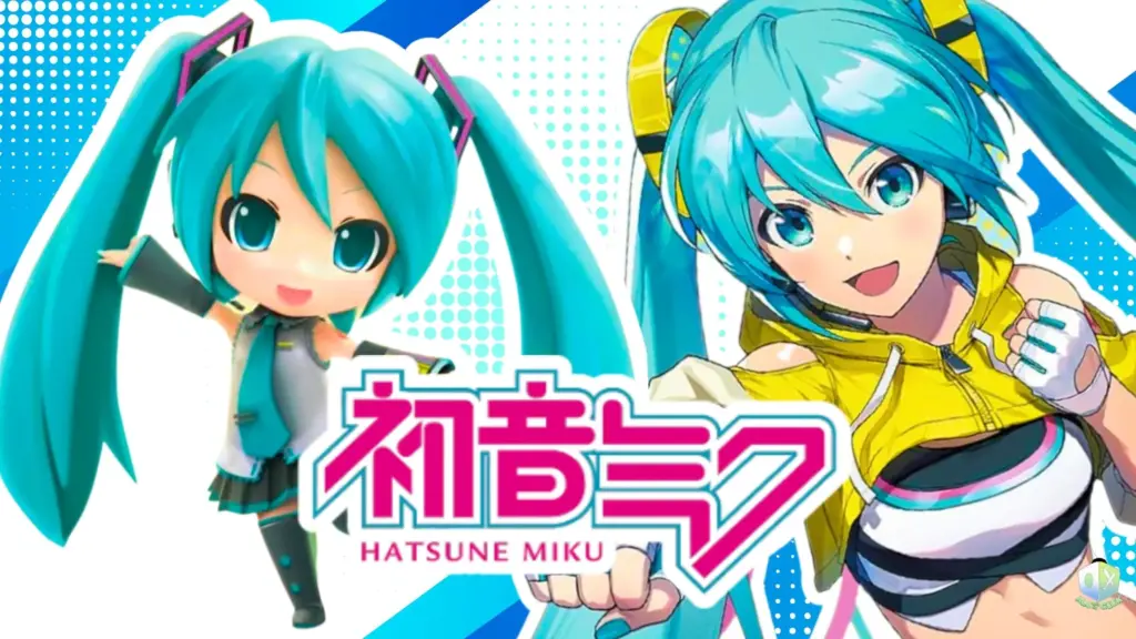 Promotional image featuring two versions of Hatsune Miku, one in Nendoroid style and one in sporty workout attire, with bright teal twin-tails and the “Hatsune Miku” logo centered in bold pink and white text on a blue graphic background.