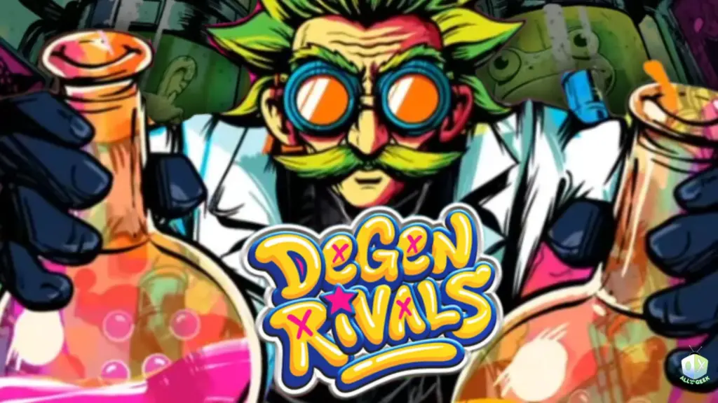 Colorful DeGen Rivals promotional artwork featuring a mad scientist with wild hair and round goggles holding two glowing chemical flasks while the DeGen Rivals logo appears in the center.
