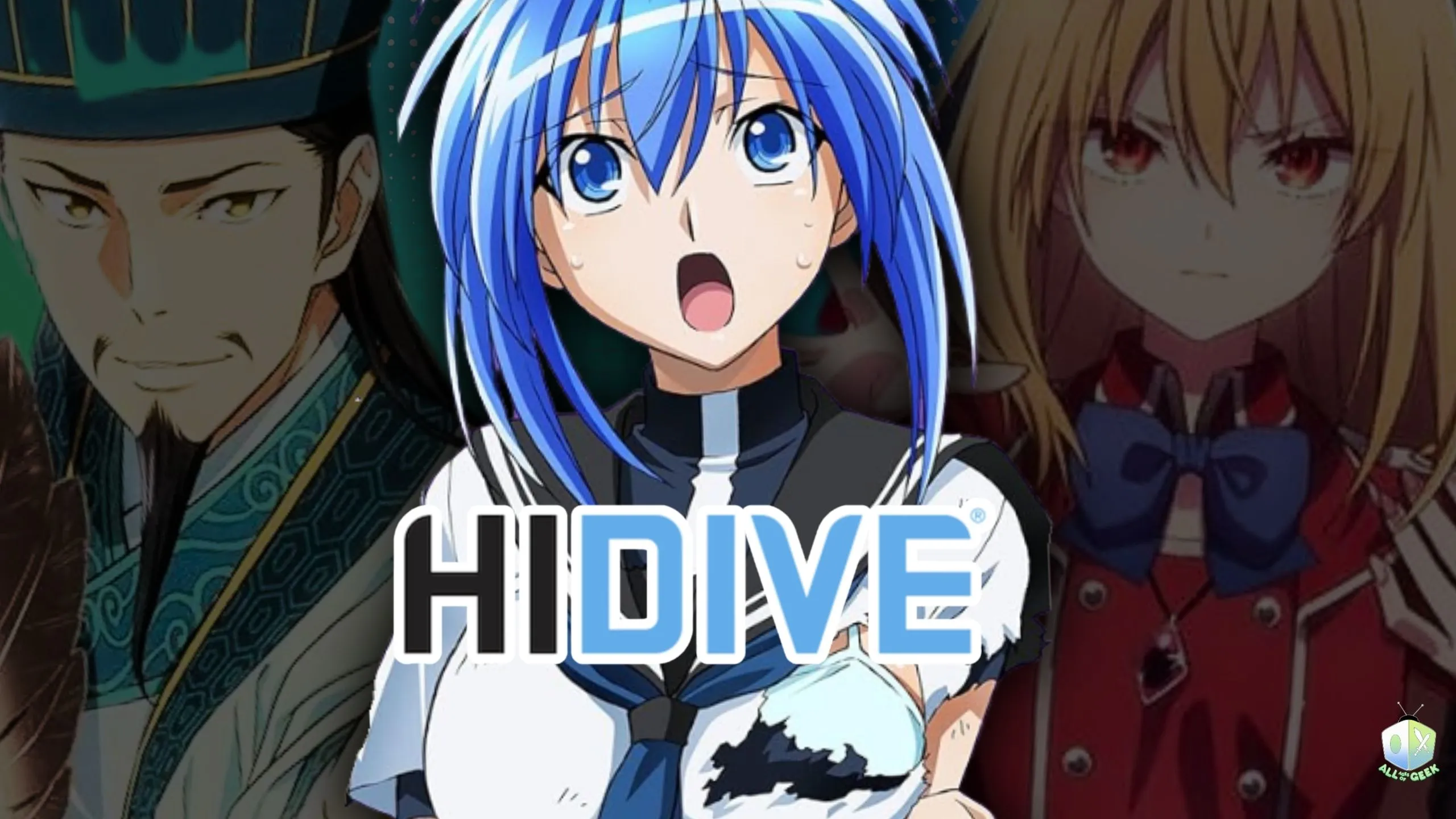 HiDive anime collage showing a surprised blue-haired schoolgirl in the center with the HiDive logo overlaid, with two other serious characters behind her on each side.