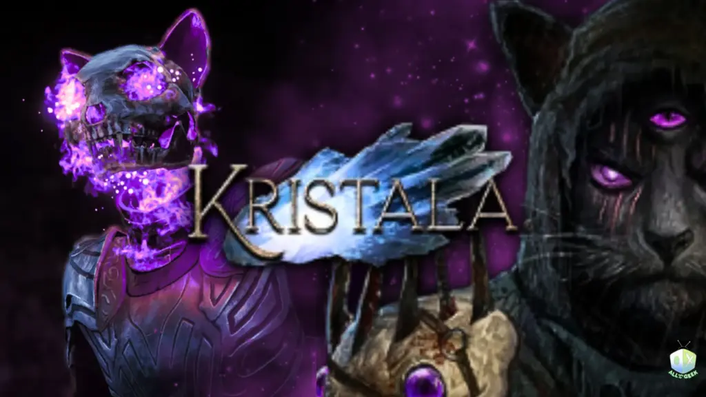 Kristala promotional artwork showing a glowing skeletal feline figure infused with purple magic beside a dark cat character with multiple glowing eyes behind the Kristala logo.