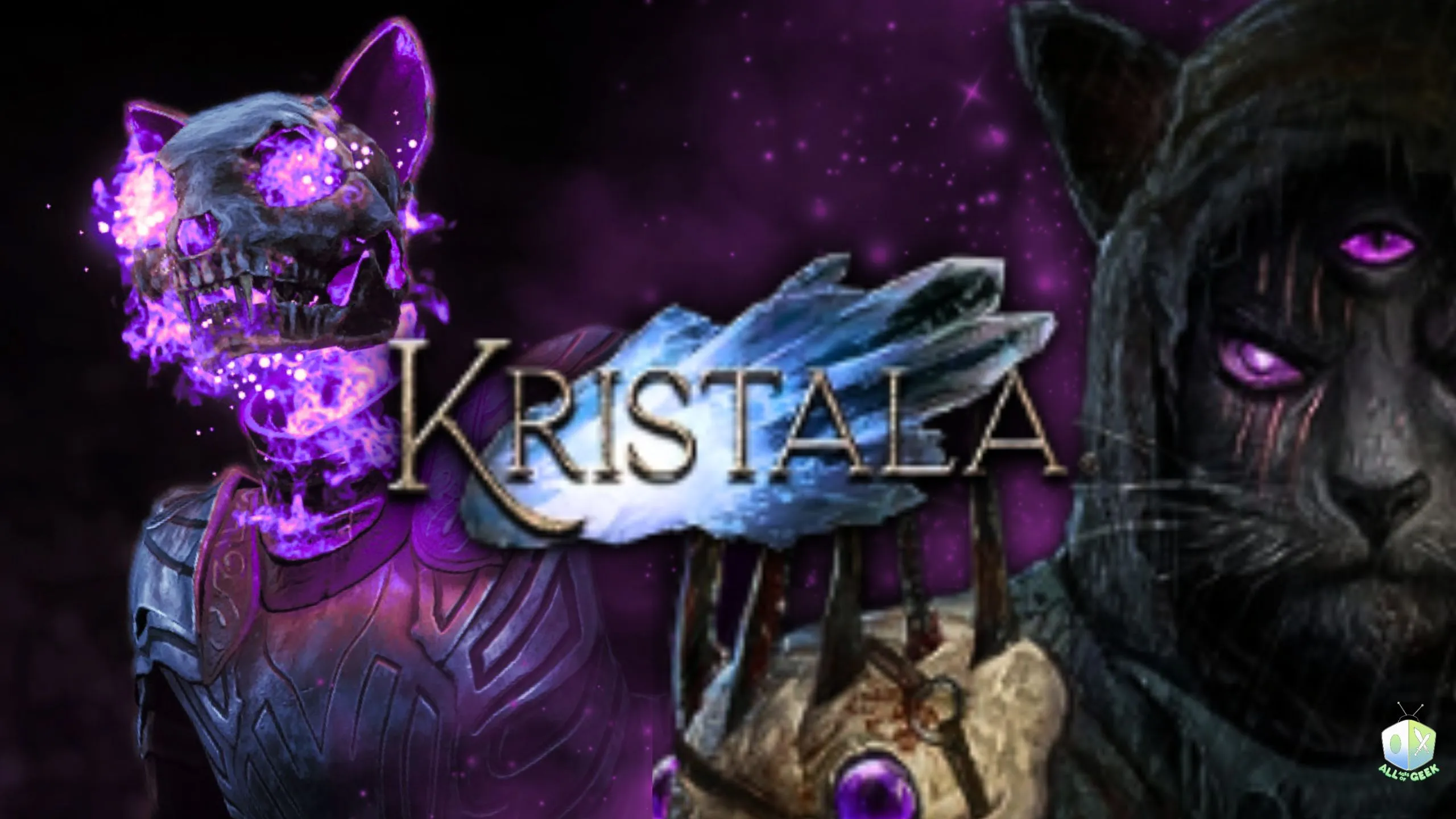 Kristala promotional artwork showing a glowing skeletal feline figure infused with purple magic beside a dark cat character with multiple glowing eyes behind the Kristala logo.