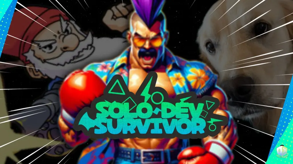 Solo Dev Survivor showcase graphic featuring a muscular boxer with a mohawk at the center, a cartoon gnome on the left, and a close-up of a golden retriever on the right, with the “Solo Dev Survivor” logo overlaid in bright green and blue.