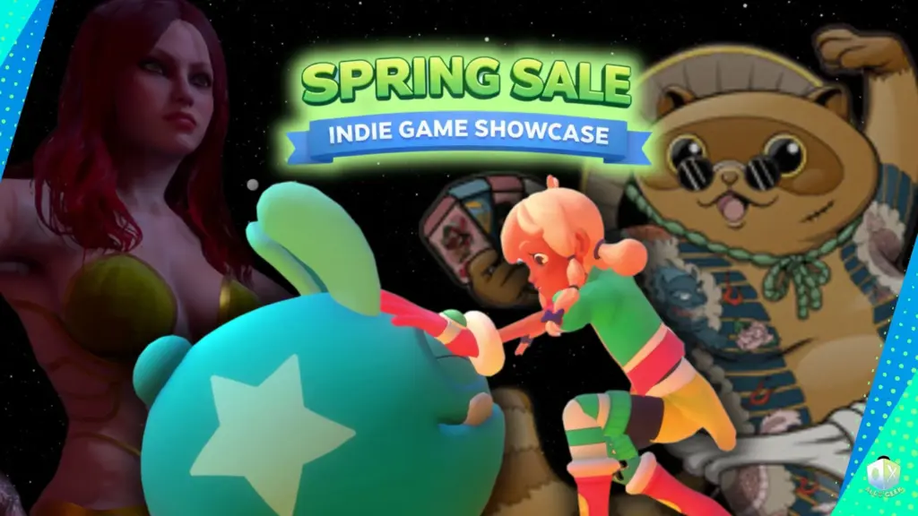 Steam Spring Sale Indie Game Showcase graphic featuring a stylized collage with a red-haired woman, a cartoon raccoon chef, and a colorful character interacting with a large creature under a starry background, with the showcase title centered above.