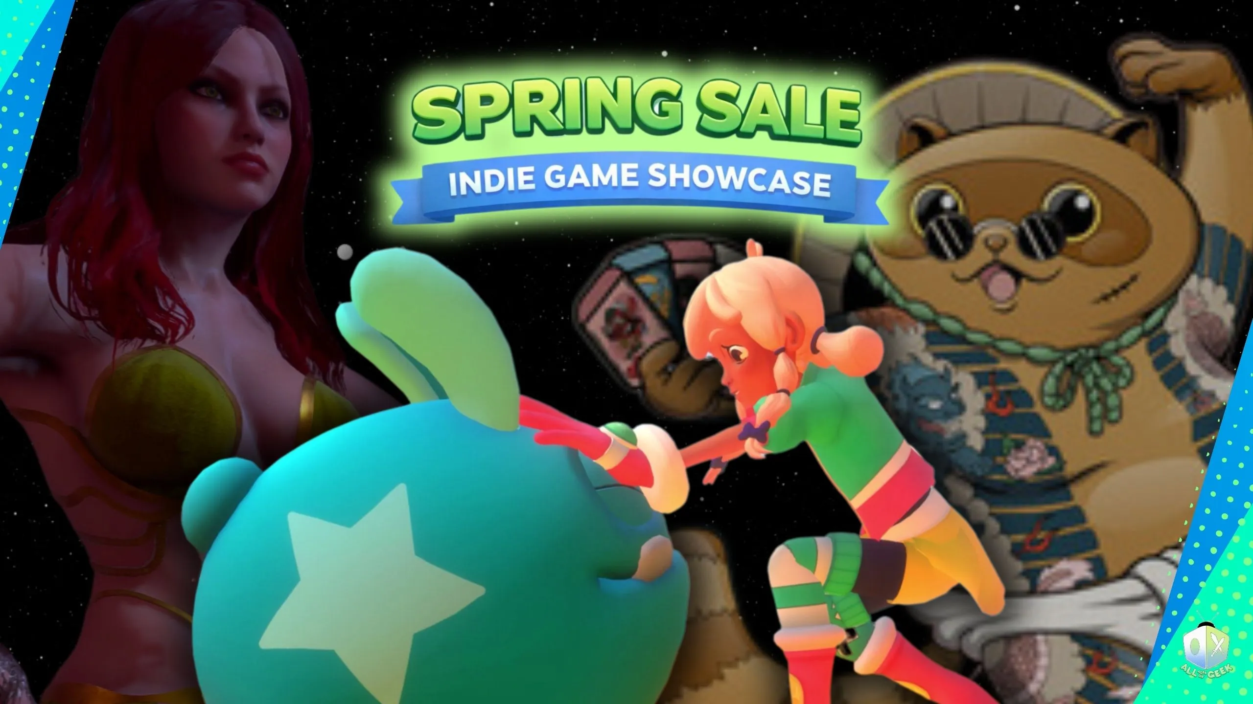 Steam Spring Sale Indie Game Showcase graphic featuring a stylized collage with a red-haired woman, a cartoon raccoon chef, and a colorful character interacting with a large creature under a starry background, with the showcase title centered above.