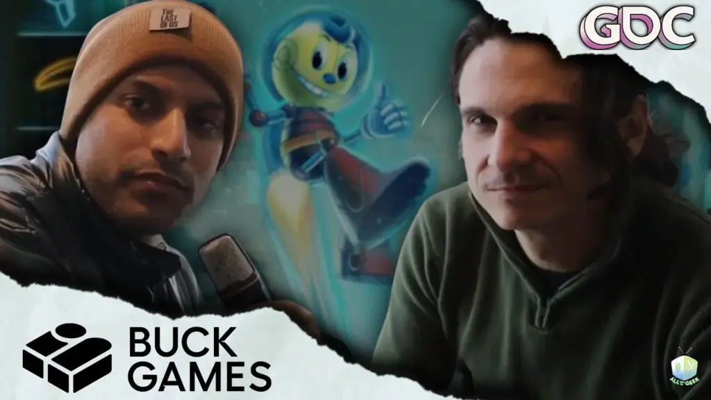 Two people sit for an interview at a gaming event, facing the camera with a microphone visible in the foreground. Behind them is a stylized game character in a teal, glowing backdrop. The image features torn-paper style framing, “BUCK GAMES” text at the bottom left, and “GDC” in the top right, with an All Ages of Geek logo in the corner.