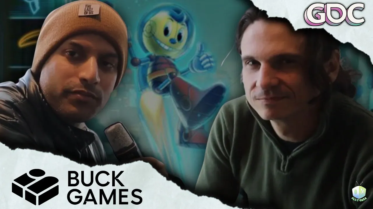 Two people sit for an interview at a gaming event, facing the camera with a microphone visible in the foreground. Behind them is a stylized game character in a teal, glowing backdrop. The image features torn-paper style framing, “BUCK GAMES” text at the bottom left, and “GDC” in the top right, with an All Ages of Geek logo in the corner.
