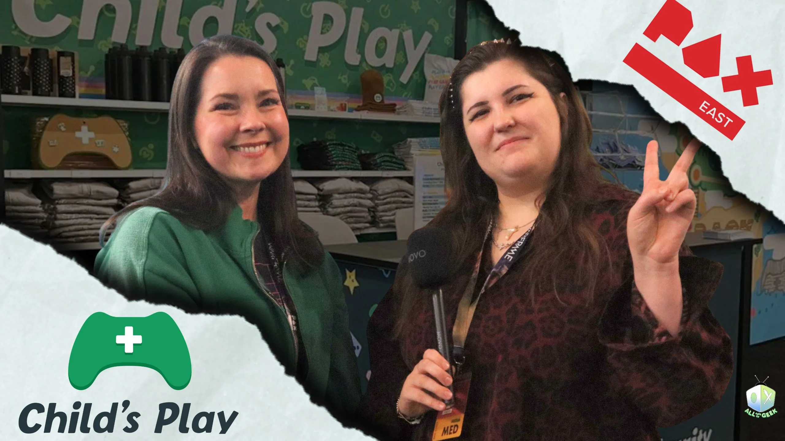 PAX East 2026 interview image showing a Child’s Play Charity representative and host standing at the booth, with the Child’s Play logo and gaming-themed backdrop behind them.