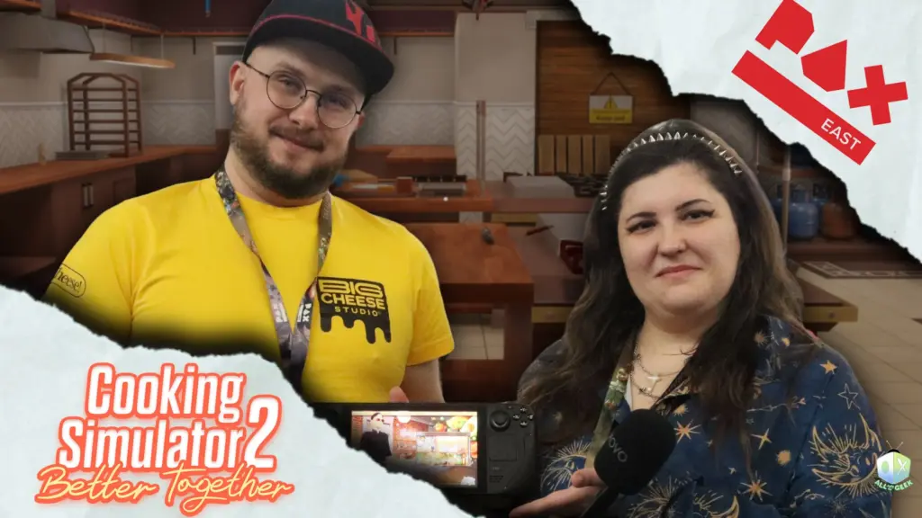 PAX East 2026 interview photo featuring a Big Cheese Studio team member and host holding a device with Cooking Simulator 2: Better Together gameplay, with the game title and PAX East logo displayed.