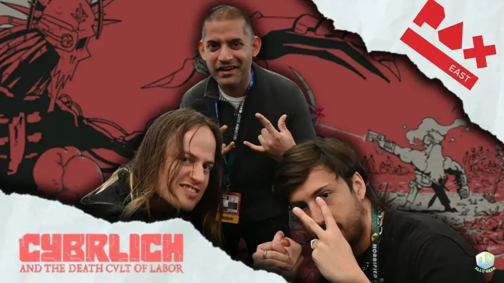 Three people pose together at a gaming event, smiling and making hand gestures toward the camera. Behind them is a red, illustrated backdrop featuring chaotic, cartoon-style artwork. The image includes torn-paper style framing, the title “CYBRLICH and the Death Cult of Labor” at the bottom left, a “PAX East” logo in the top right, and an All Ages of Geek logo in the corner.