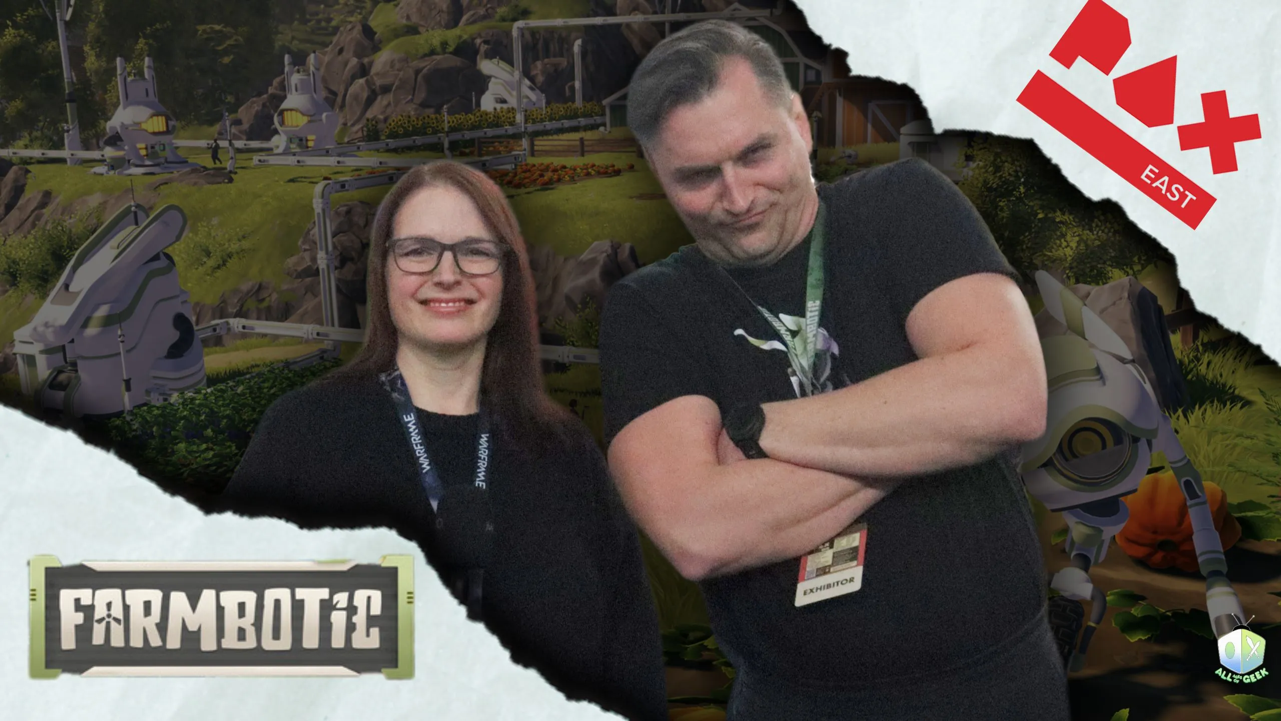 PAX East 2026 interview image featuring Farmbotic developers standing in front of gameplay artwork with the game logo and event branding visible.