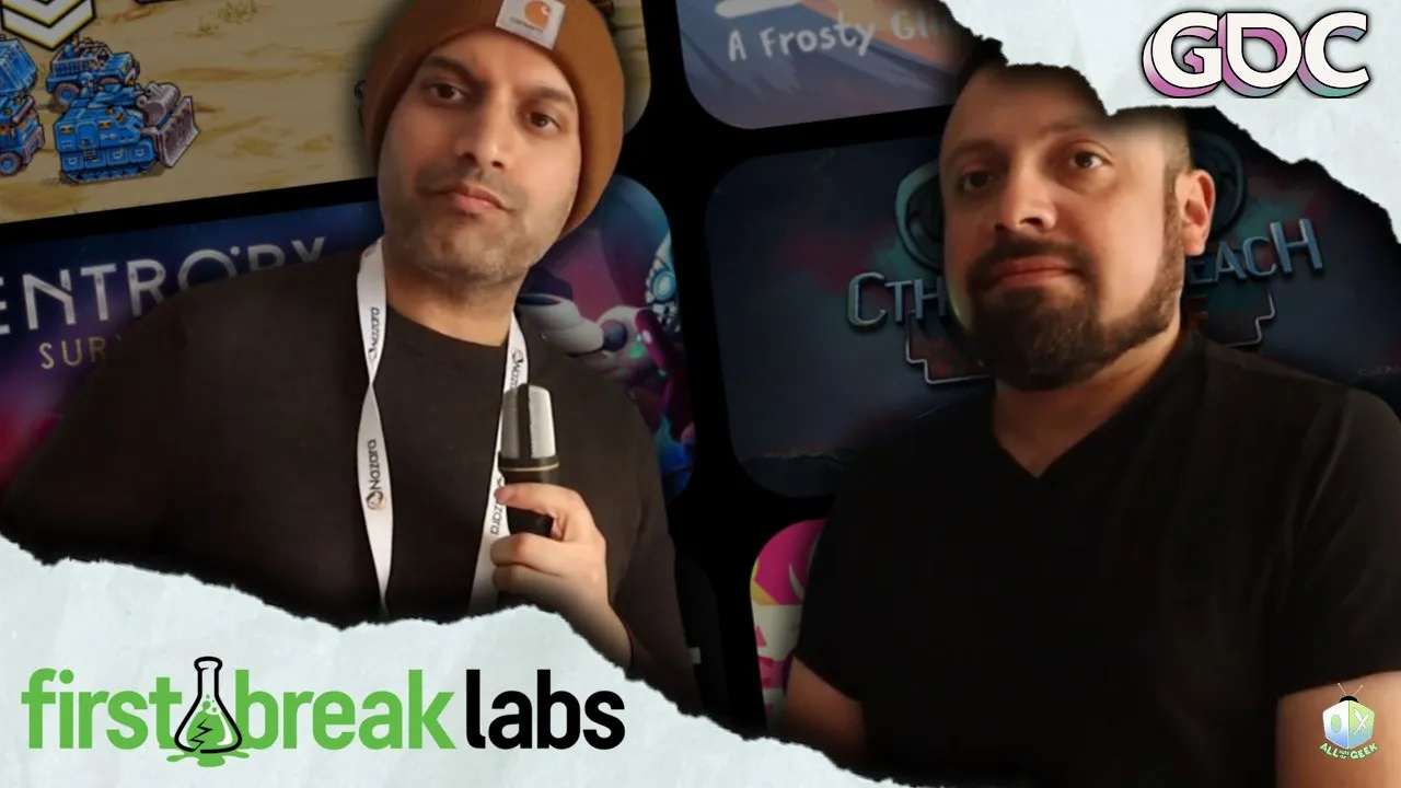 Two people stand for an interview at a gaming event, one holding a microphone while both face the camera. Behind them are colorful game displays and logos. The image features torn-paper style framing, the “first break labs” logo at the bottom left, “GDC” in the top right, and an All Ages of Geek logo in the corner.