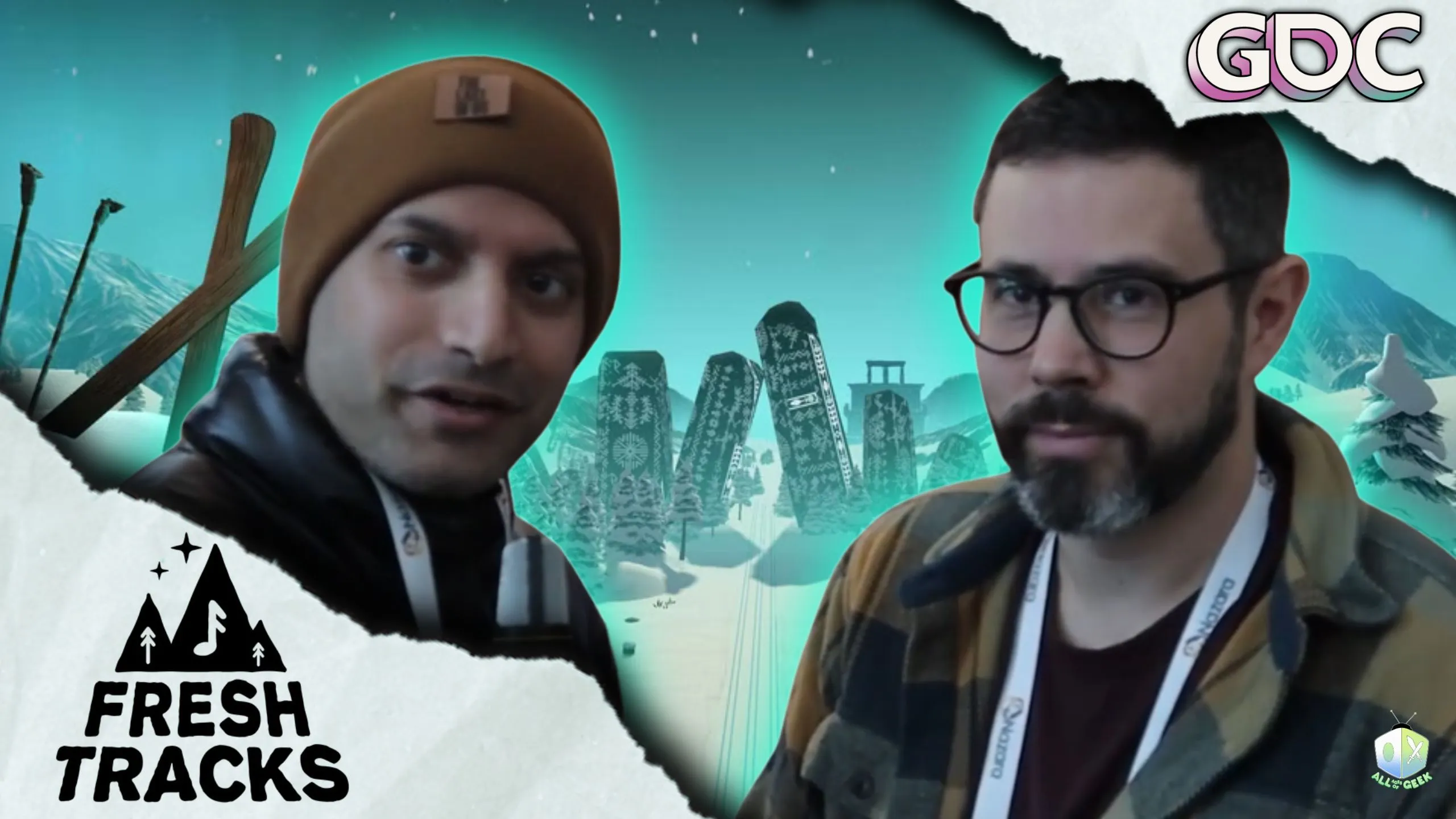 Two people pose during an interview at a gaming event, both wearing badges and looking toward the camera. Behind them is a stylized snowy landscape with glowing teal tones and abstract stone structures. The image features torn-paper style framing, “Fresh Tracks” text with a mountain and music note icon on the left, “GDC” in the top right, and an All Ages of Geek logo in the corner.
