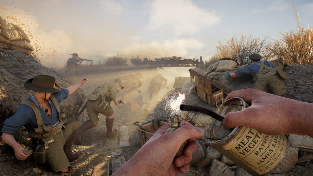 First-person view of a WW1 trench assault, a soldier lighting a grenade while teammates push forward through dust and gunfire in a narrow battlefield.