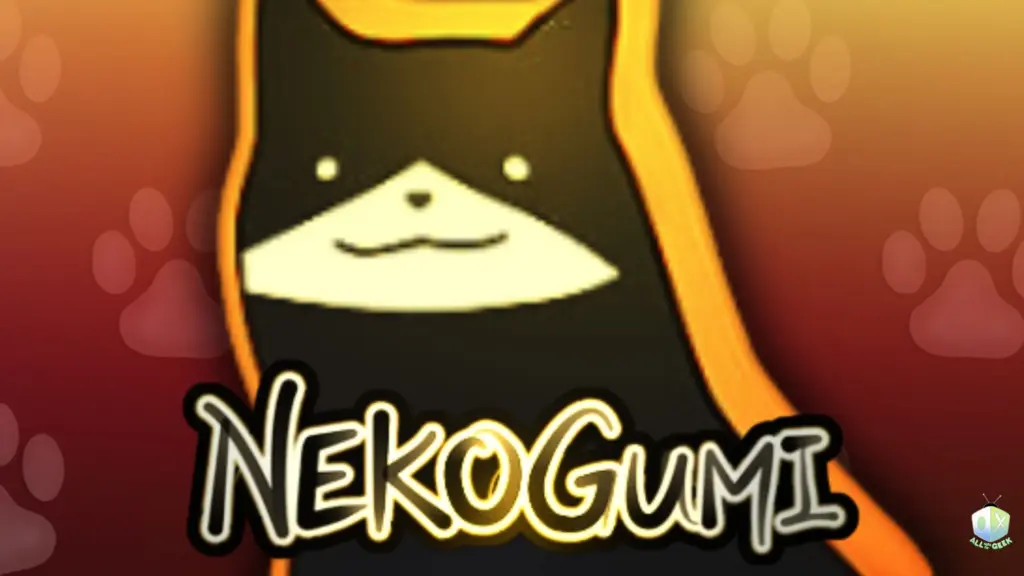 A close-up of a stylized black-and-white cartoon cat with a soft smile against a warm, glowing background. The title “Nekogumi” appears in bold, glowing text at the bottom, with an All Ages of Geek logo in the corner.