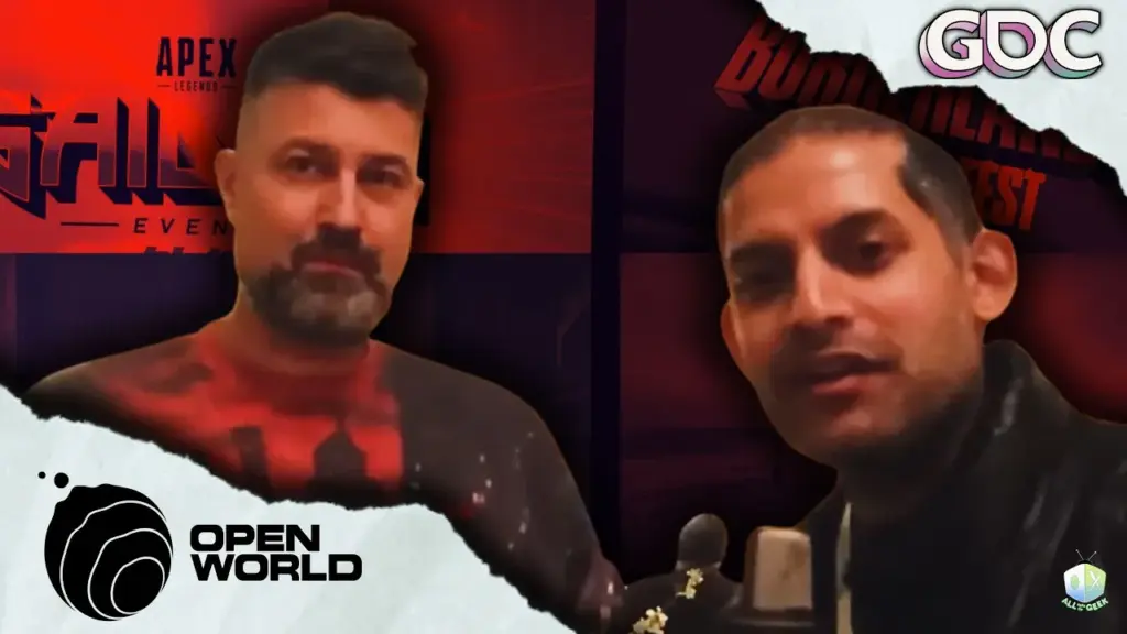 Two people sit for an interview at a gaming event, one holding a microphone while both face the camera. Behind them is a red-toned backdrop featuring game-related visuals, including Apex Legends branding. The image includes torn-paper style framing, the “Open World” logo at the bottom left, “GDC” in the top right, and an All Ages of Geek logo in the corner.