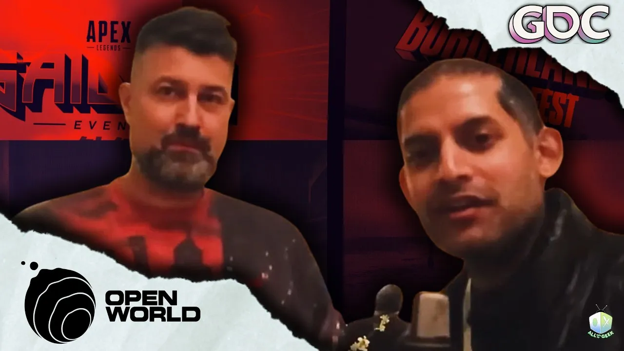 Two people sit for an interview at a gaming event, one holding a microphone while both face the camera. Behind them is a red-toned backdrop featuring game-related visuals, including Apex Legends branding. The image includes torn-paper style framing, the “Open World” logo at the bottom left, “GDC” in the top right, and an All Ages of Geek logo in the corner.
