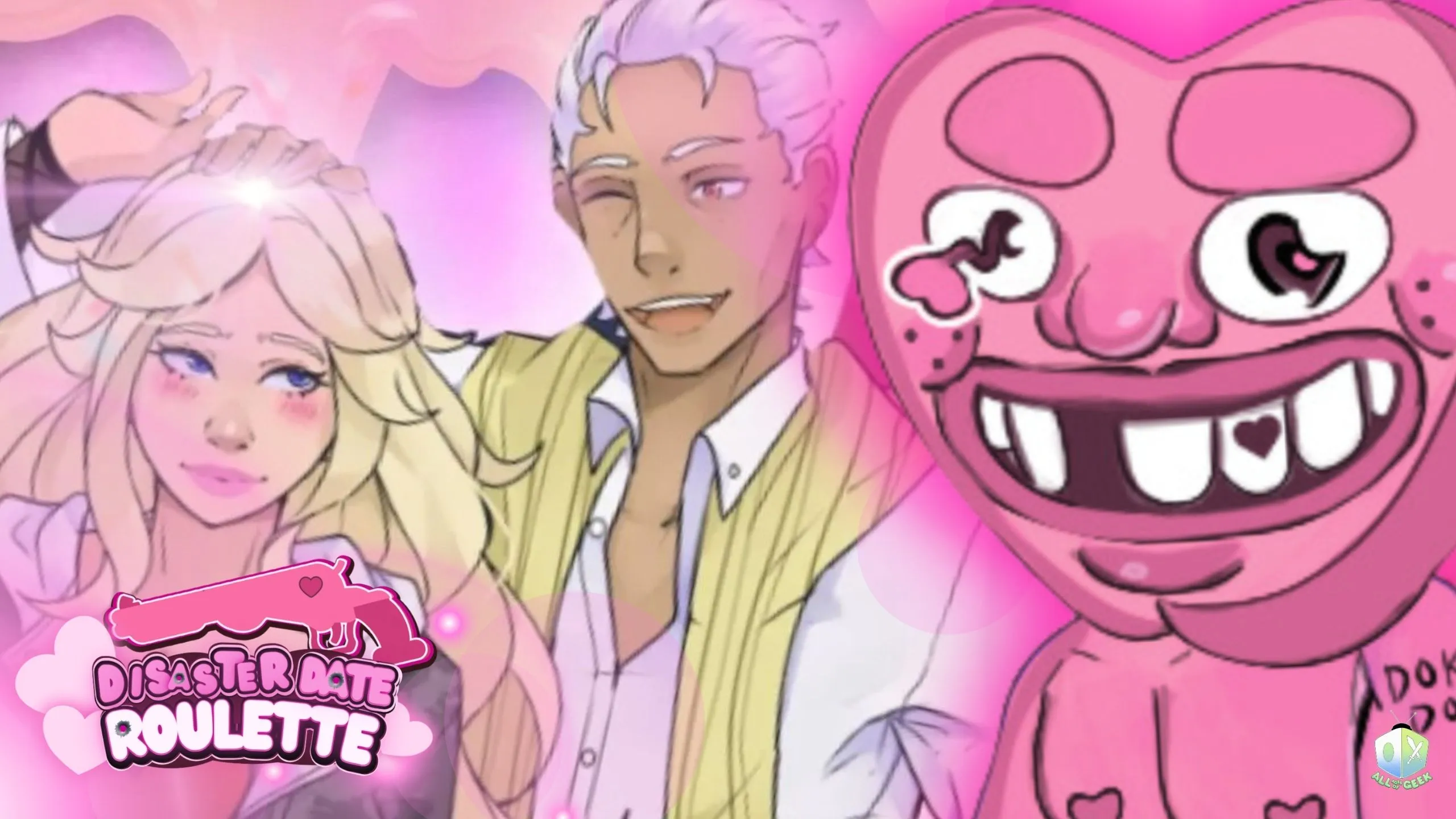 Stylized pink promotional image for Disaster Date Roulette showing an anime-style couple smiling together beside a goofy heart-shaped character with a wide grin and heart-themed features, with the show’s logo in the corner.