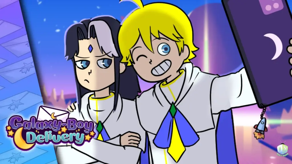 Galaxy-Boy Delivery image featuring Stilo and Korl taking a selfie on a phone with a purple space atmosphere behind them.