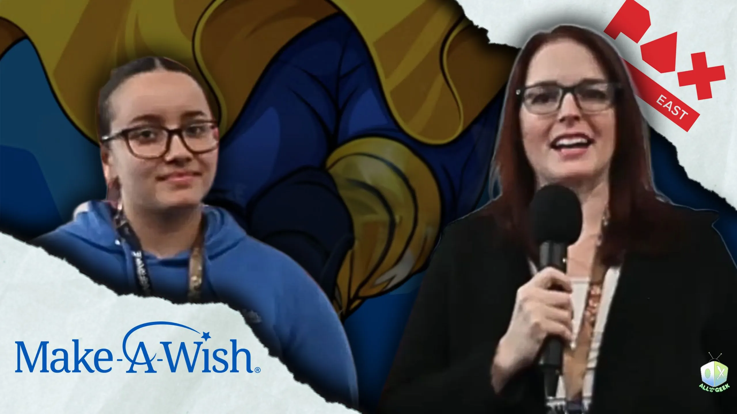 Two women at PAX East, one holding a microphone during a Make-A-Wish Stream for the Wishes interview, with branding and artwork in the background.