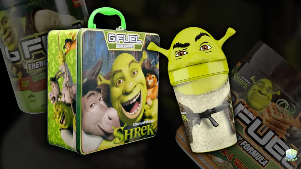 Shrek G FUEL collector set featuring a DreamWorks Shrek lunch box, ogre-themed shaker cup with Shrek ears and face design, and themed energy formula packaging inspired by the film’s swamp aesthetic.
